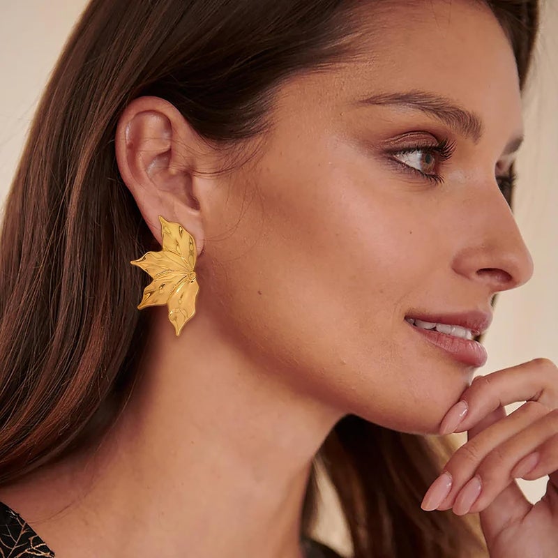 FAUTHENTICUTE Chunky Gold Statement Earrings For Women Gold Plated Sectored Flower Leaf Shell Angel Wing Earrings Large Stud Earrings Hypoallergenic Earrings - Image 3